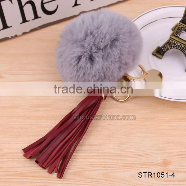 Custom Logo Genuine Leather Tassel Rabbit Fur Key Chain Pom Pom Fur Keychain photo-6