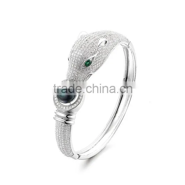 925 Silver Men Lion Head Black Pearl Wholesale Expandable Bangle Bracelet SBG735W photo-2