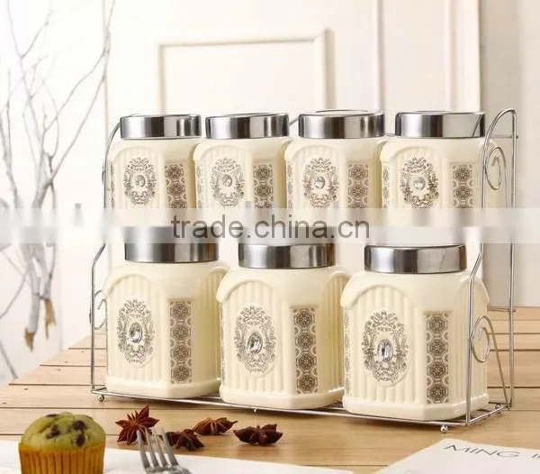 Kitchen Ceramic Canister Set Storage Jar With Stainless Metal Lid & Stand photo-2
