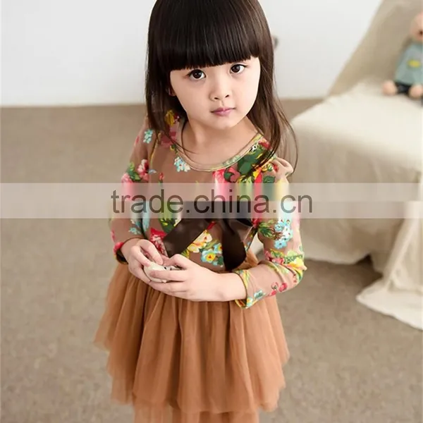 2015 New Autumn Girls Clothes Long Sleeve Flower Print Girl Dress For Party Wedding Children Kids Girl Floral Dress For School photo-5