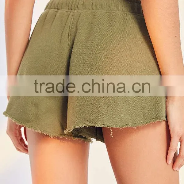 MGOO China Manufactured Terry Knit Gym Raw Cut Shorts Women Sports Wear Drawstring Waistband Shorts photo-3