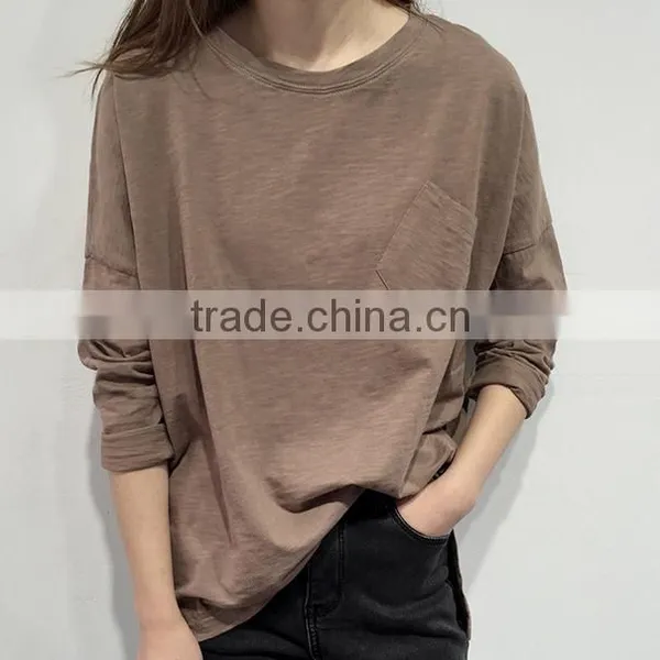 2016 New Fashion Long Sleeve Casual Women T-shirt With Pocket Wholesale