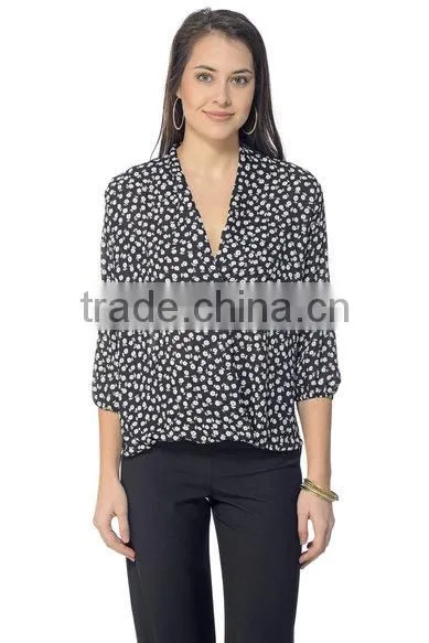 Womens Long Sleeve Chiffon Floral Printed Blouses Top Quality Ladies Latest Blouse Design Pictures photo-3