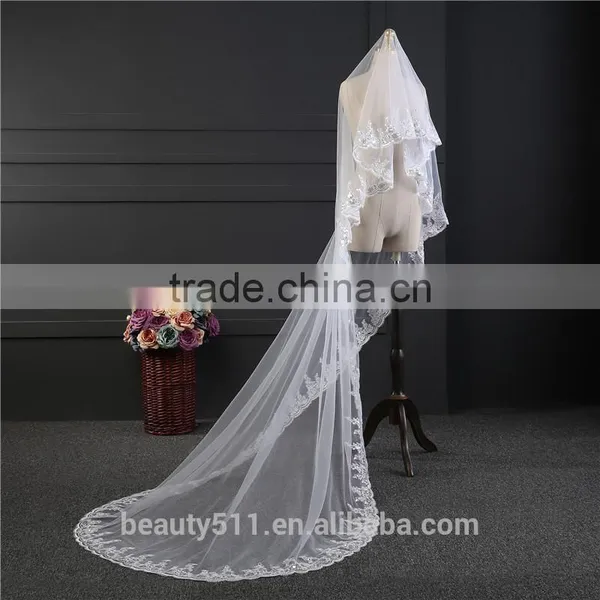 2017 Wholesale New Long Tulle Wedding Bridal Veils TwoTiers Tulle Cathedral Bridal Veils photo-4