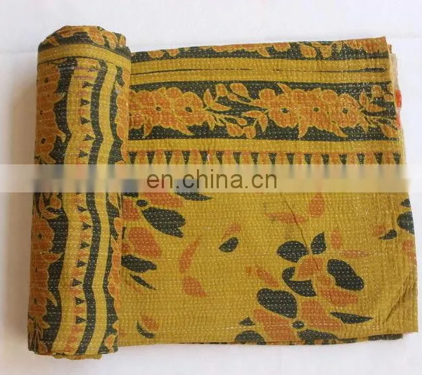 Quilt Handmade Reversible Kantha Vintage Bedspread Gudari Quilt Yellow Free Ship photo-3