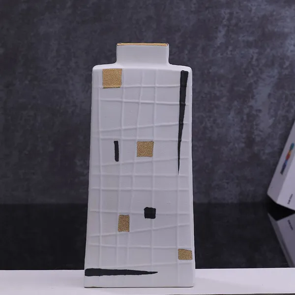Geometric Pattern Gild Creative Unique White Square Flat Ceramic Flower Vase For Living Room photo-4