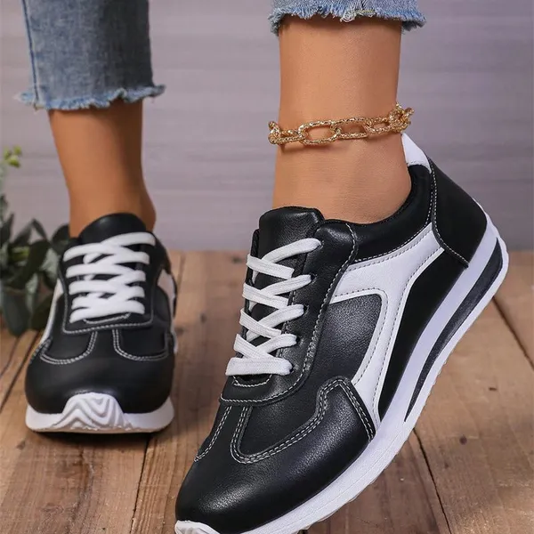 Girls Black Gym Fashion Color Block PU Leather Sneakers Light French Beige Color Block Leopard Print Patchwork Lace-up Flat Shoes Wholesale