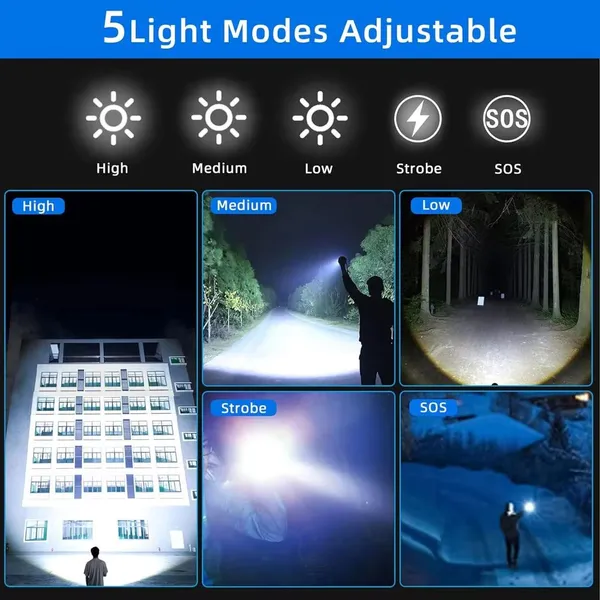 1280LM White Laser Rechargeable Flashlight 10W Telescopic Zoom Torch With Power Bank IP45 Waterproof photo-2