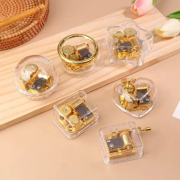 Wholesale Price Personalized Musical Gifts Crafts Hand Cranked Wind up Golden Plated Mechanism Custom Transparent Acrylic Music Box Factory