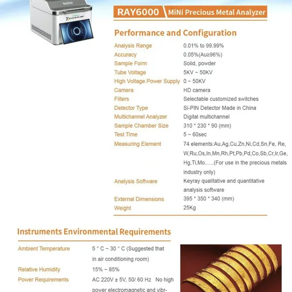 RAY6000 High Precision Xrf Spectrometer for Full Elements Precious Metals Test
