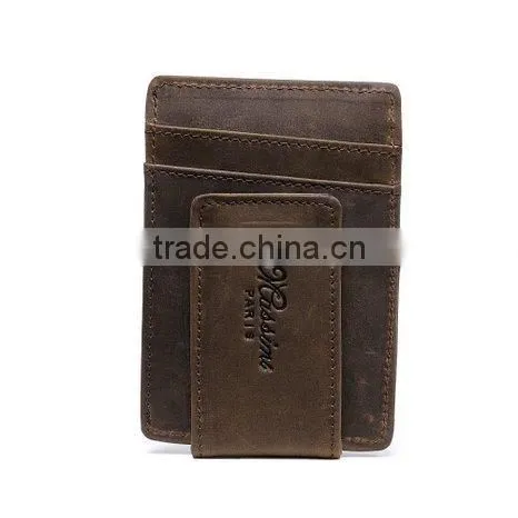 Fashion Custom Brown Genuine Crazy Horse Leather Money Clip Wallet With Magnet photo-2