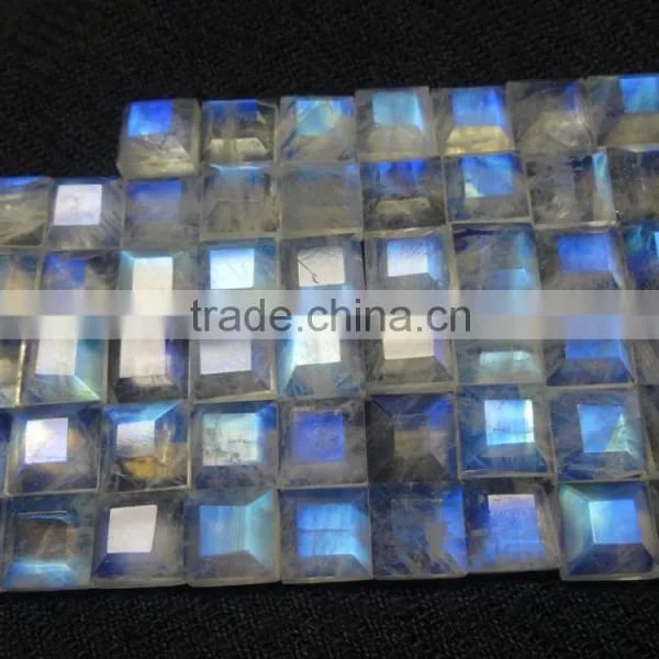 Rainbow Moonstone 8x8 mm Square Shape Blue Flashy Faceted Rainbow Moonstone Gemstone photo-2