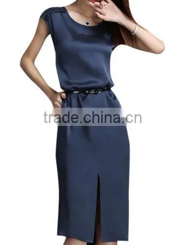Women's Navy Short Sleeve Shift With Sash Neck Short Sleeve Slim Silk Midi Dress photo-2