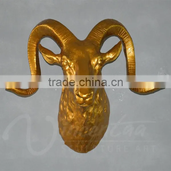 Hiagh Quality Crafts Life Fiberglass Golden Sheep Head Wall Hanging Statues for Home Decor photo-2