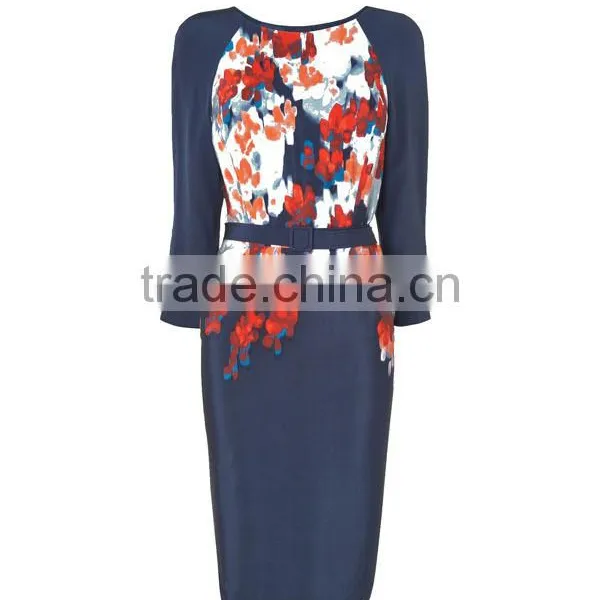 Ladies' Silk Flower Print Half Sleeves Slim With Belt Good Quality and Dress Manufacturer Dress Names photo-2