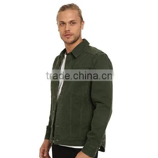 High Quality Green Plain Denim Varsity Jacket Custom Arc-shaped Back Hem photo-3