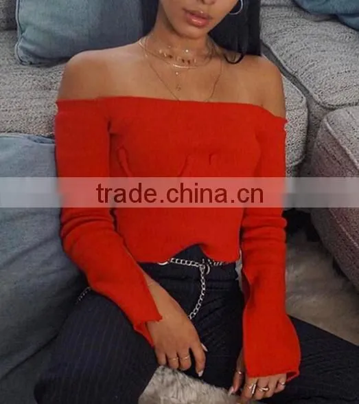 Runwaylover 125 Europe Style 2017 Ladies Sexy Off-Shoulder Knitted Flare Sleeve Blouse photo-6
