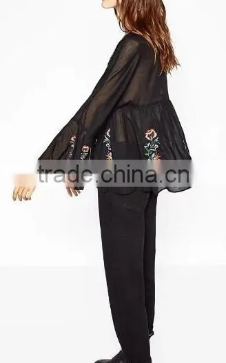 Runwaylover EY2375B 2017 Fashion Women Flare Sleeve Chiffon Embroidery Blouse photo-2