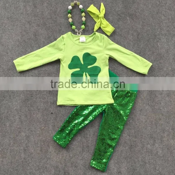 2016 New Baby St.Martin's Day Theme St.Patrick Green Outfit Girls Spring Suit Sequins Pants With Matching Accessories