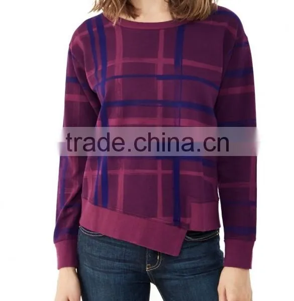 Newly Designed Purple Plead Eco-Micro Fleece Crew Sweatshirt With Irregular Hem for Women photo-2