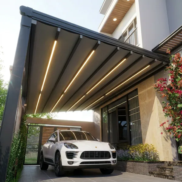 Motorized Retractable Fabric Roof Aluminum Carport With Built-in LED Light Strips, Modern Outdoor Vehicle Shelter for Villa Driveway & Patio
