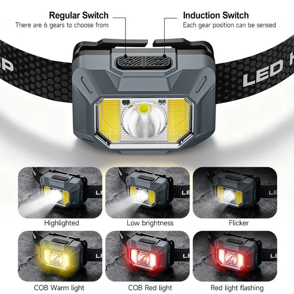 Wholesale Motion Sensor COB LED Headlamp Rechargeable 300LM Ultra-light 53g IP44 Waterproof Head Torch for Outdoor Camping Running photo-2