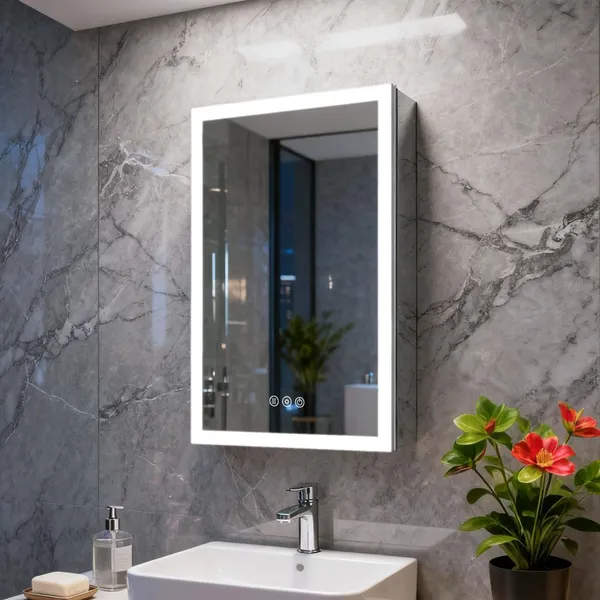 Medicine Cabinet with Lights, Bathroom LED Mirror Cabinet with Storage, Anti-Fog & 3 Color Lights, Recessed or Wall Mounted