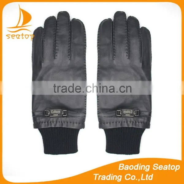 Men's Warm Knit Cuff Leather Gloves With Outside Sewing