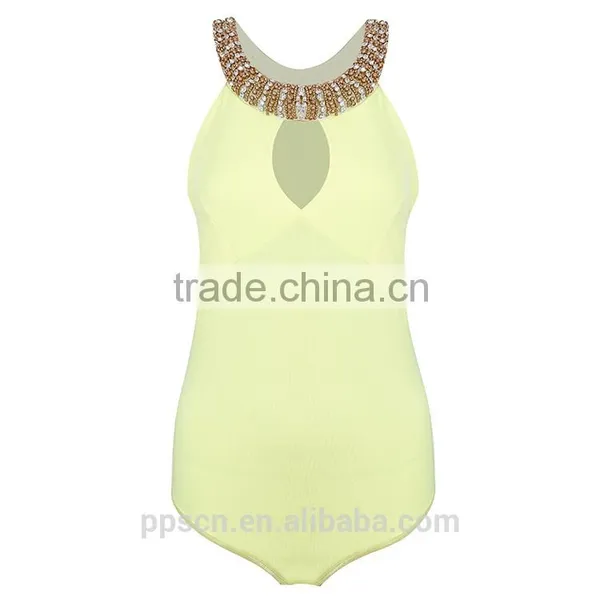 OEM Hot Selling Wholesale Beaded Yellow Color One Piece Playsuit Jumpsuit for Women 2016 Quality Choice photo-3