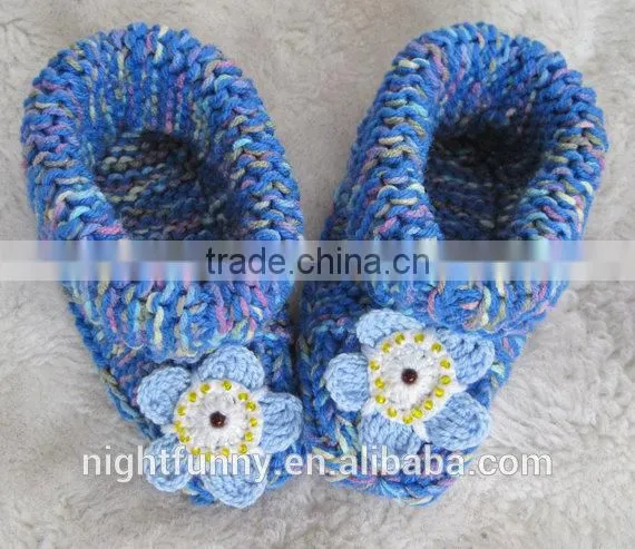 Blue Multi-color Knit Slippers,crochet Beaded Alaska State Flower,Forget-me-not,wife Mom Sister Daughter Gift,baby Shoes