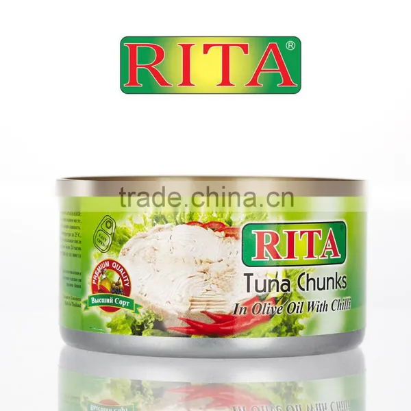 CANNED TUNA FISH IN OLIVE OIL WITH CHILLI FROM THAILAND BLUE RIVA / RITA BRAND