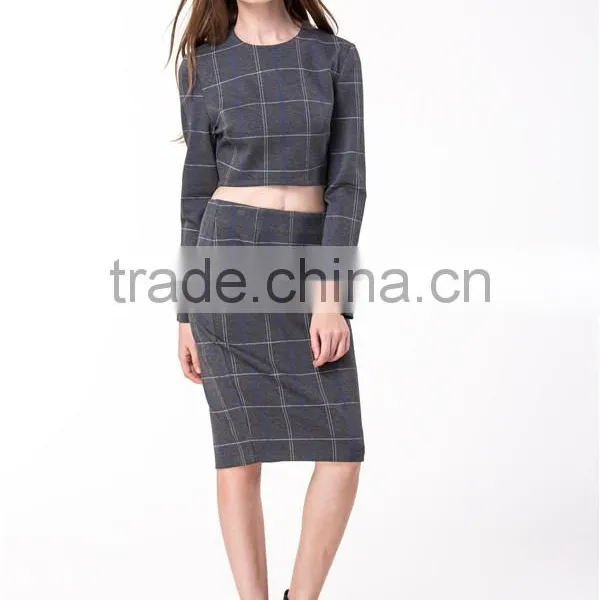 2017 New Arrival Grey Plaid Crop and High Waist Skirt Co-ord Set photo-6
