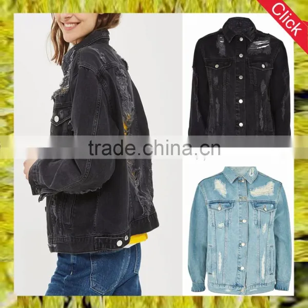 New Arrive Fashion Custom Clothing Manufacturer Lady Ripped Fancy Denim Jacket