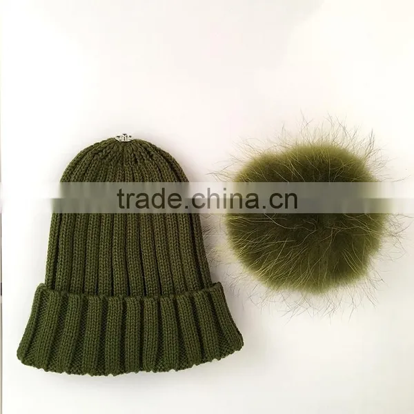 Myfur Classical Raccoon Fur Attached Pom Pom Beanie Adult Khaki Green Winter Cap photo-3