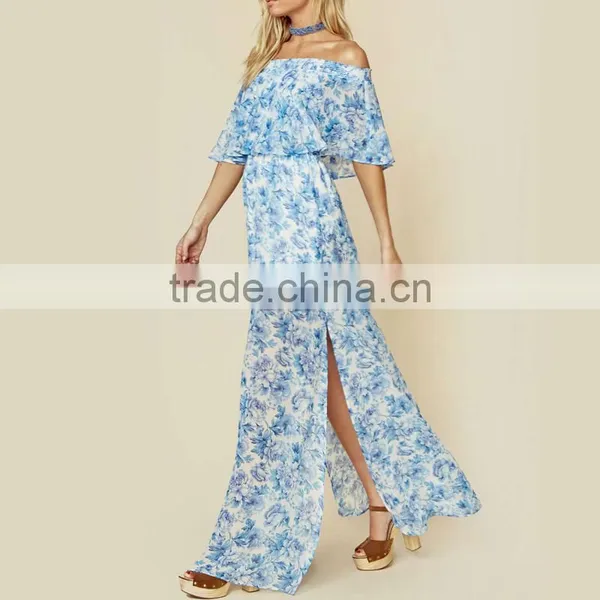 Peony Blue Floral Mumu Dresses 2018 Womans off Shoulder Maxi Dress photo-6