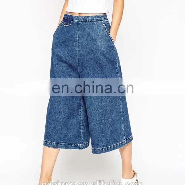 2015 New Fashion Denim Culottes Pants in Mid Blue Wash for Women photo-4