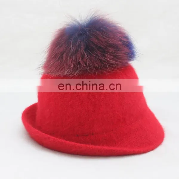 New Fashion Wholesale Ladies Red Straw Fedora Hat With Real Fur Pom Pom photo-5