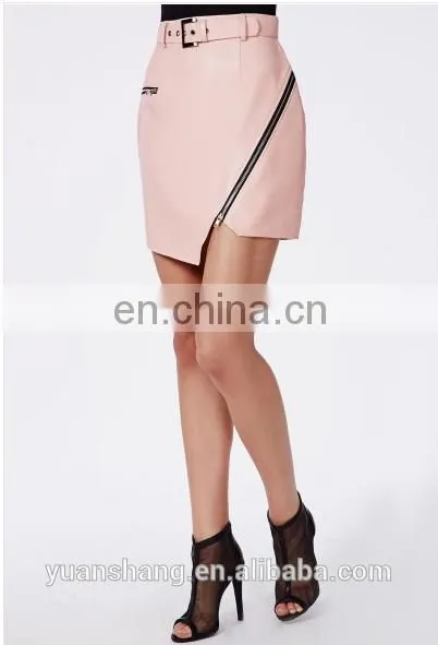 2015 Pink Mature Woman Leather Skirt Asymmetric Mini Skirt photo-2