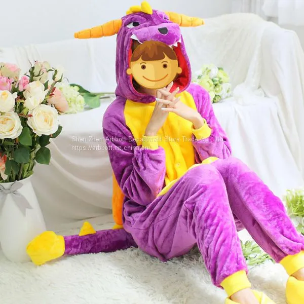Purple Dinosaur Cartoon Flannel Conjoined Polyester Children Pajamas photo-3
