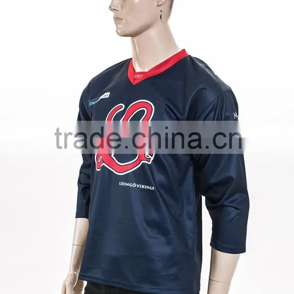Royal Navy Color With Red Neck Printing Sewing Hockey T-shirt photo-2