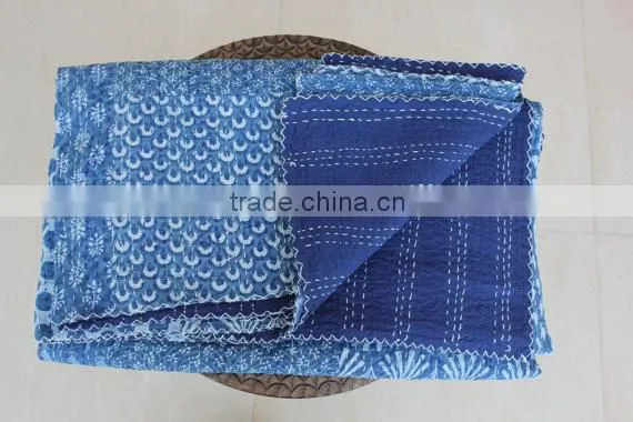 Indigo Blue PATCHWORK KANTHA Quilt Blanket Bedspread Throw Gudari Ralli India Bedding Patchwork Quilt Queen Bohemian Quilt Blue