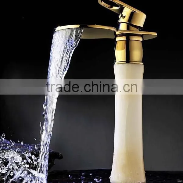 Gold Plated Waterfall Faucet ,oak Wood Cabinet Faucet , Marble Counter Basin Mixer photo-4