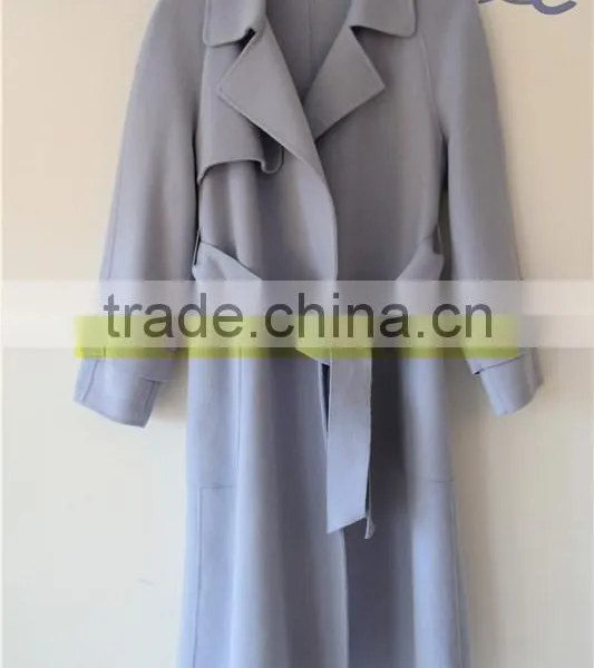 Women's Fashion Wool Coat Double-side Wool Belt Coat Light Blue