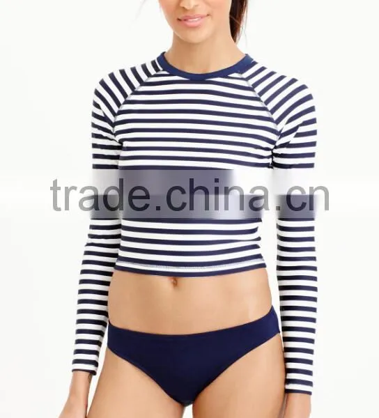 OEM Summer Woman Surf Cycling Couple Sublimated Stripe Cropped Long Sleeve Custom Printed Rash Guard photo-4