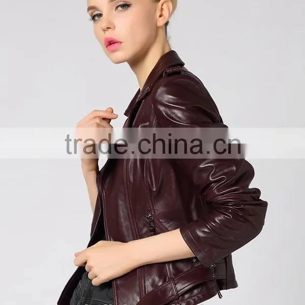 Newest German Style Lady Pure Lambskin Trendy Red Wine Leather Jacket photo-2