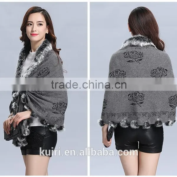 2016 New Design Woman Knitted Shawls With Rex Rabbit Fur Poms Figure Lady Cappa photo-3