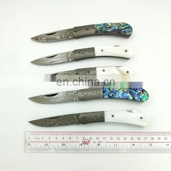 Handmade Exquisite Shell Handle Backlock Damascus Folding Gift Knife photo-2