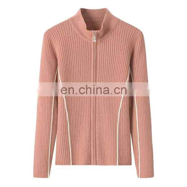 Autumn Winter Slim Fit Rib Cashmere Sweater Full Zipper Knitted Cardigan With Stand Collar Solid Pattern photo-2