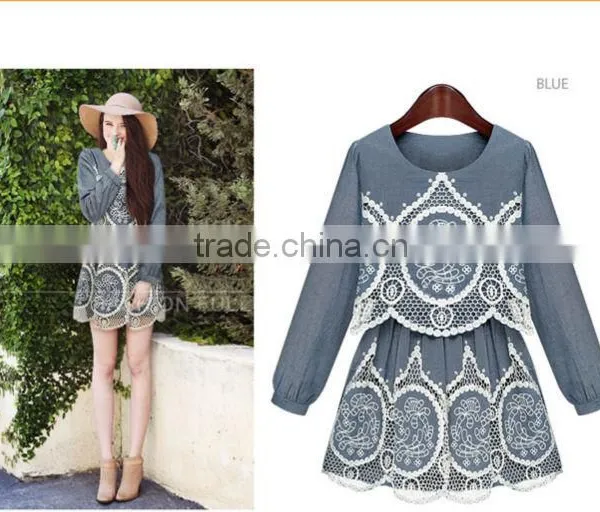 2015 Fashion High Quality New Arrival Hot Sale New Ladies Denim Hollow Out Dress Crochet Lace Pattern Denim Dress photo-2