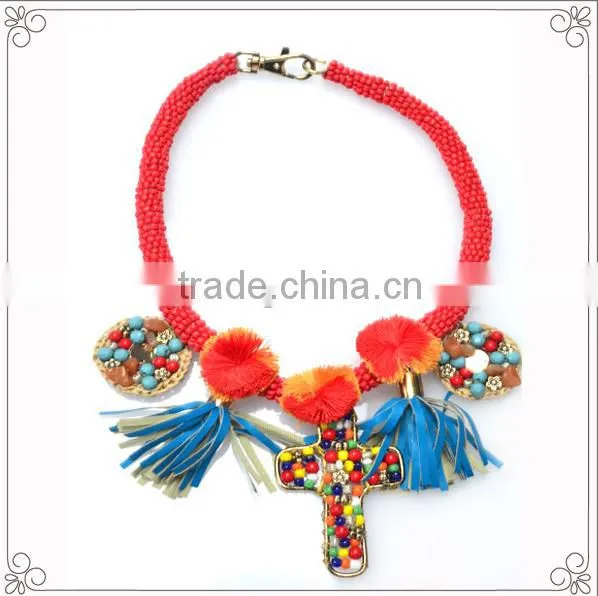Europe America Style Red Bead Necklace With Leather Tassel photo-3